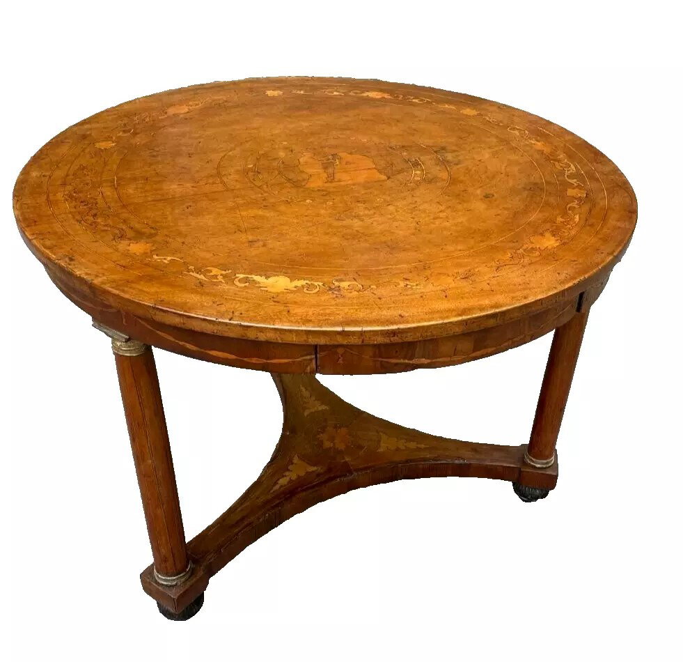 Antico tavolo tondo impero intarsiato primi 800